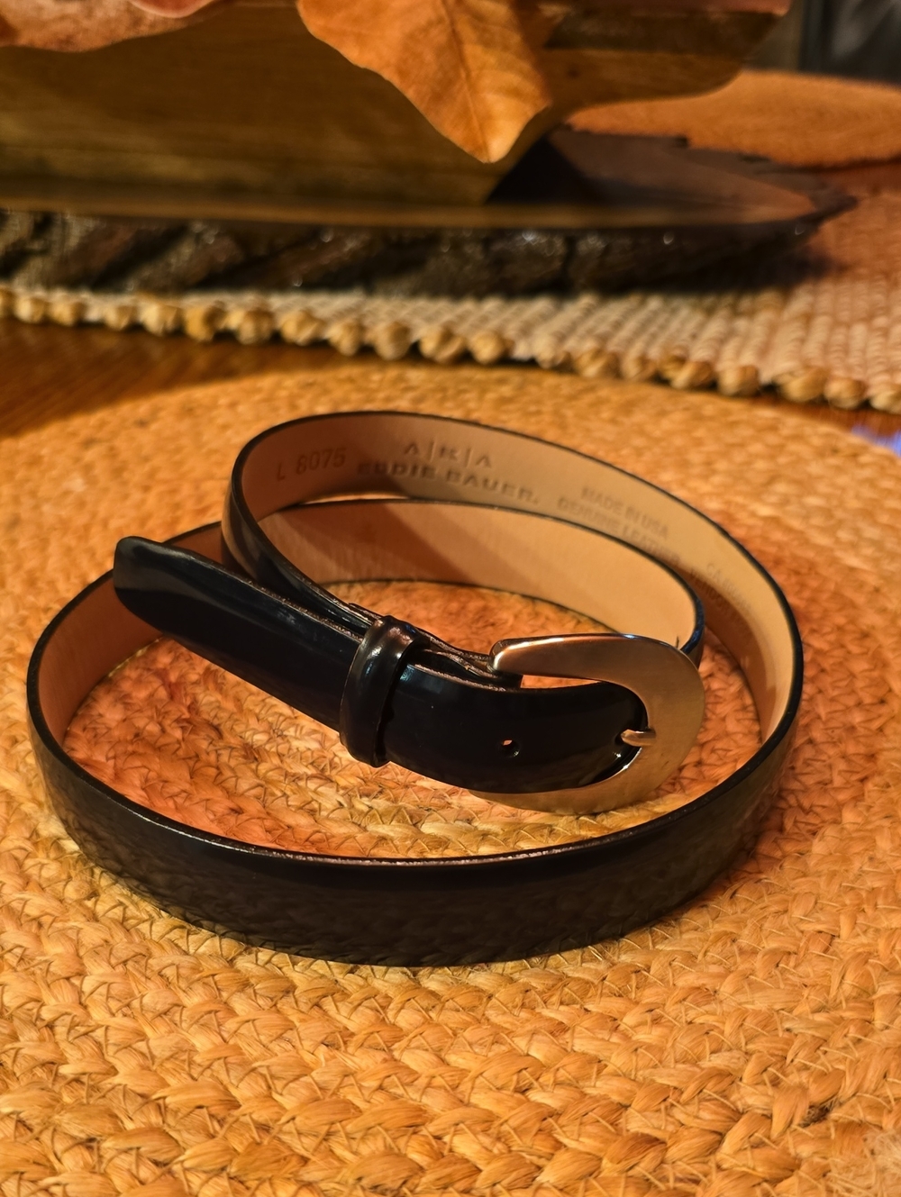Eddie Bauer Black Leather Belt with Silver-Tone Oval Buckle